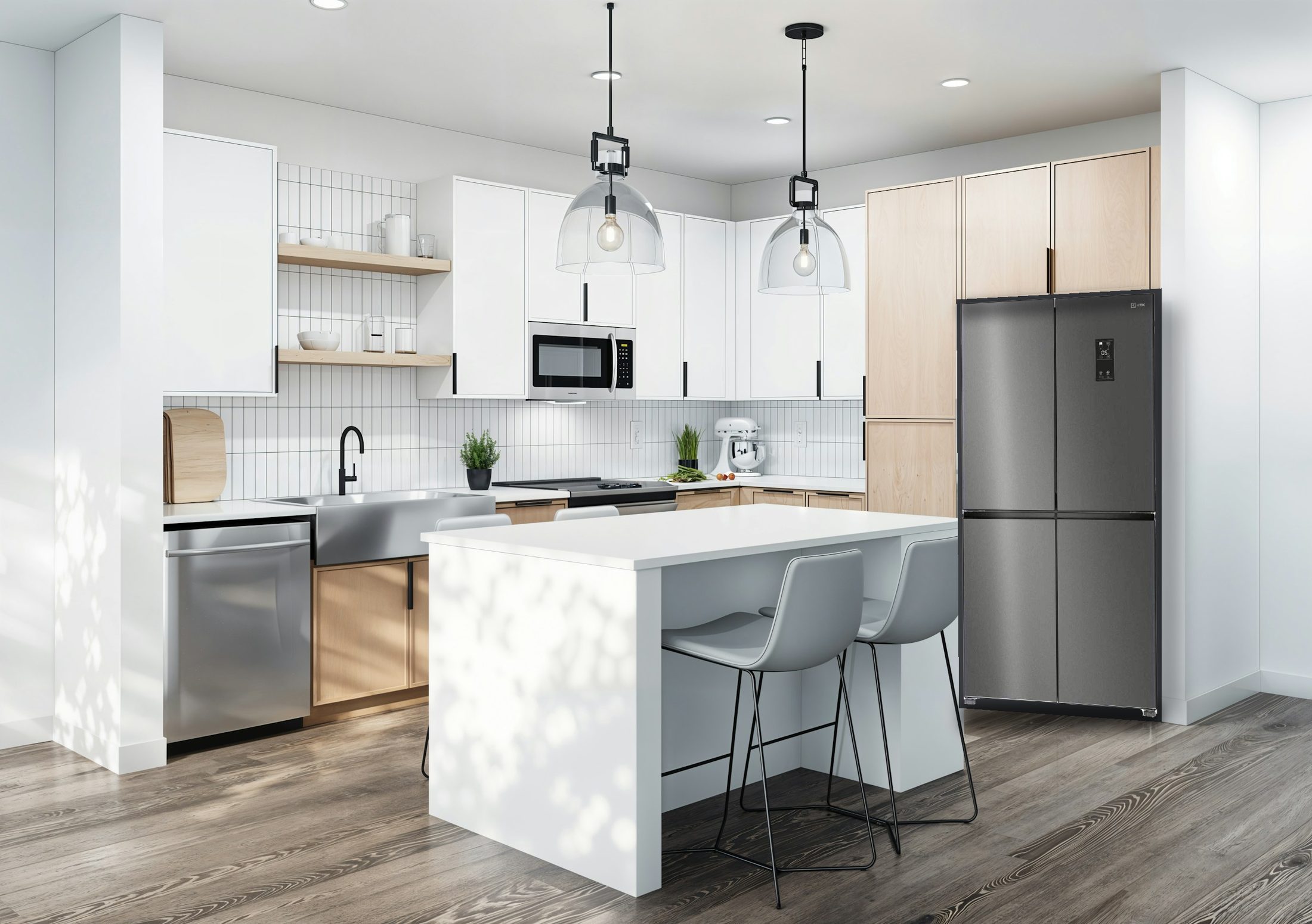 Réfrigérateur cross door VEK-RFA460XBA+ dans une cuisine blanche et chêne clair